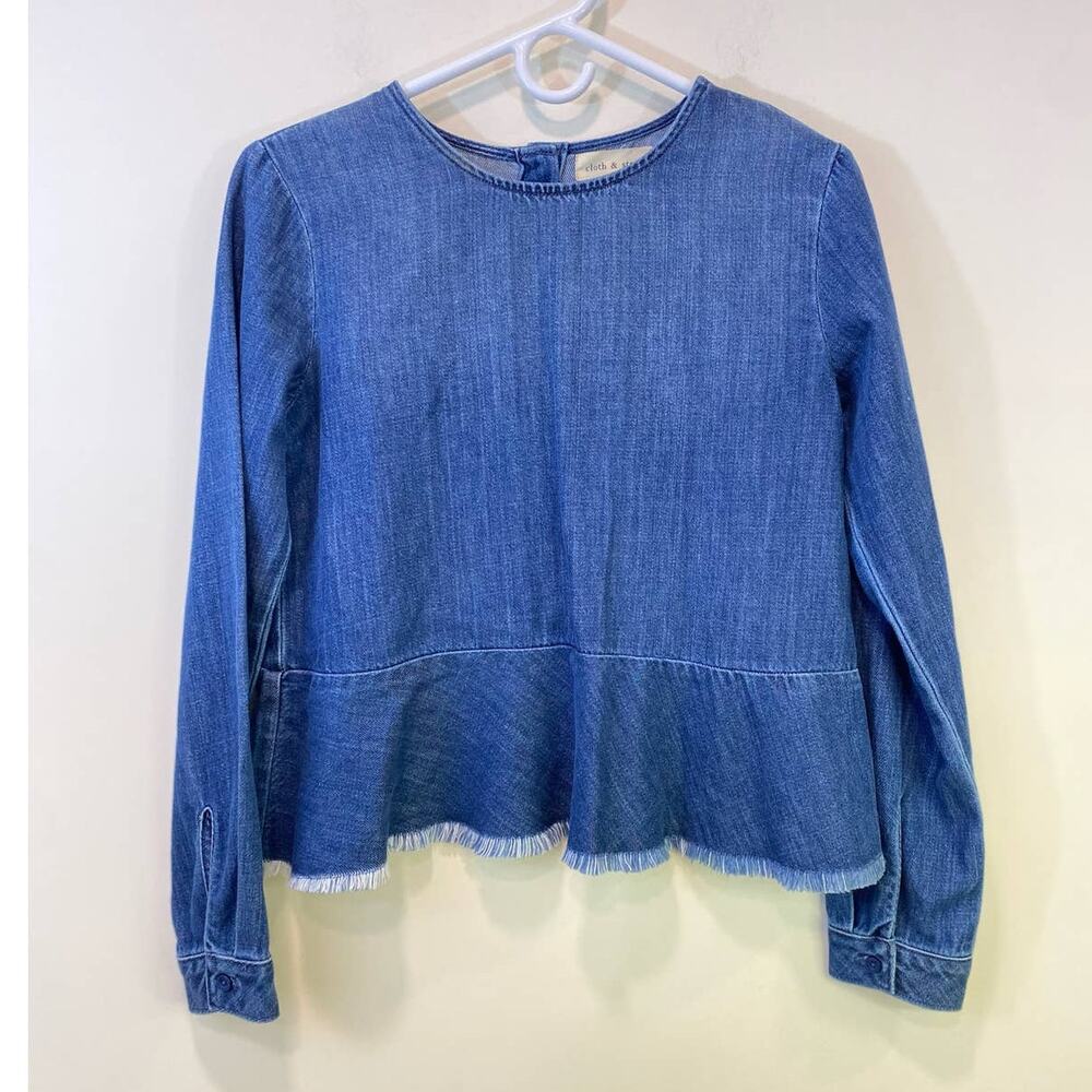 Blue Denim Statement Raw Frayed Hem Cloth & Stone Long Sleeve Cotton Shirt XS